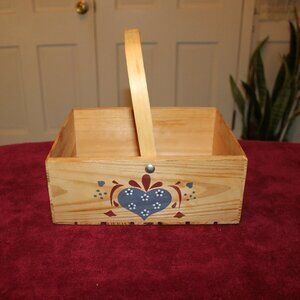 Vintage Rectangular Basket with Handle, Blue Heart Accent